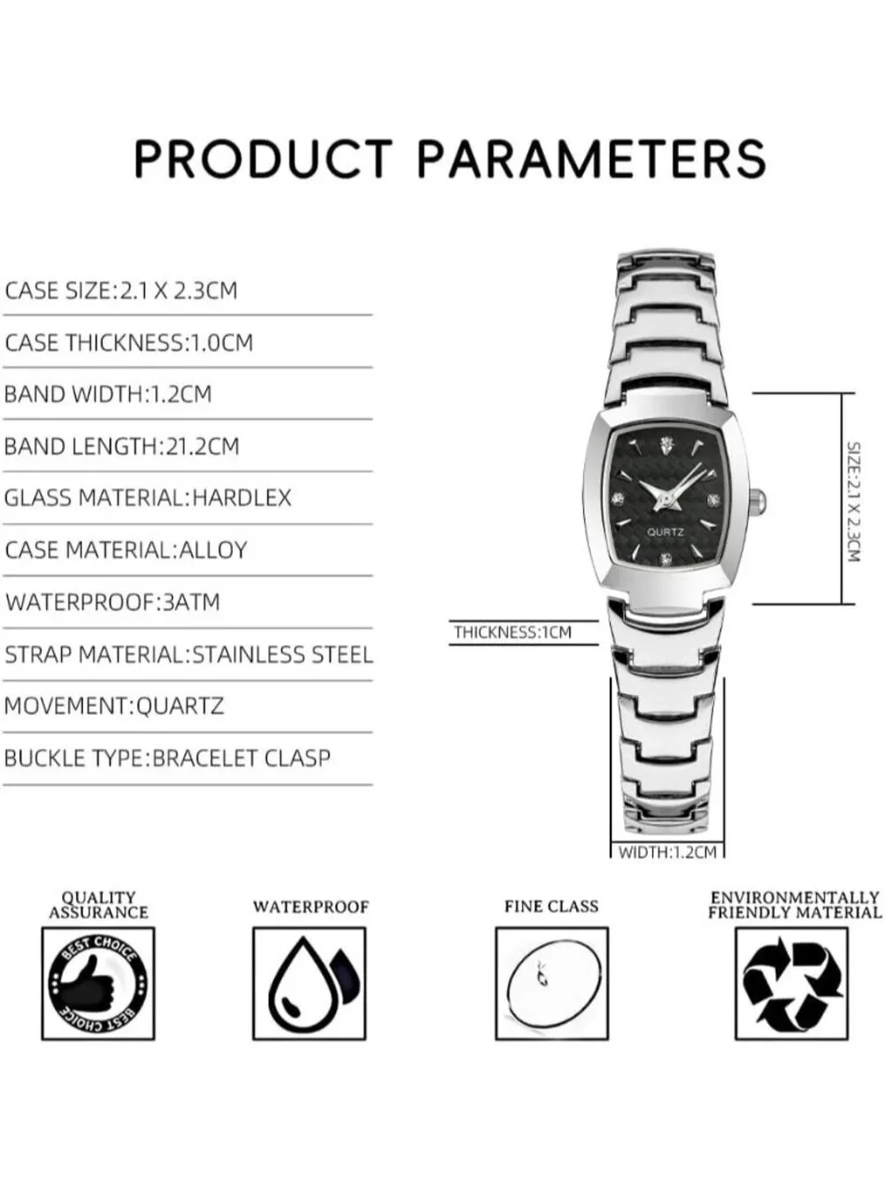 Women's Silver And Black Analog Steel Dainty Rectangle Waterproof Square Watch